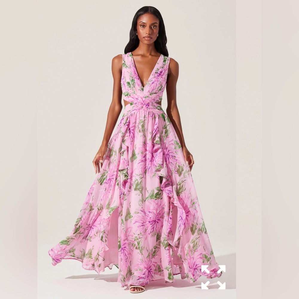 ASTR the label: Noya Dress: Pink and White Ruffled Tiered Halter Maxi Dress